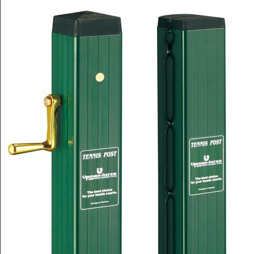 Green tennis posts with gold adjustments and labels indicating their use for tennis courts. Ideal for setting up a tennis net.