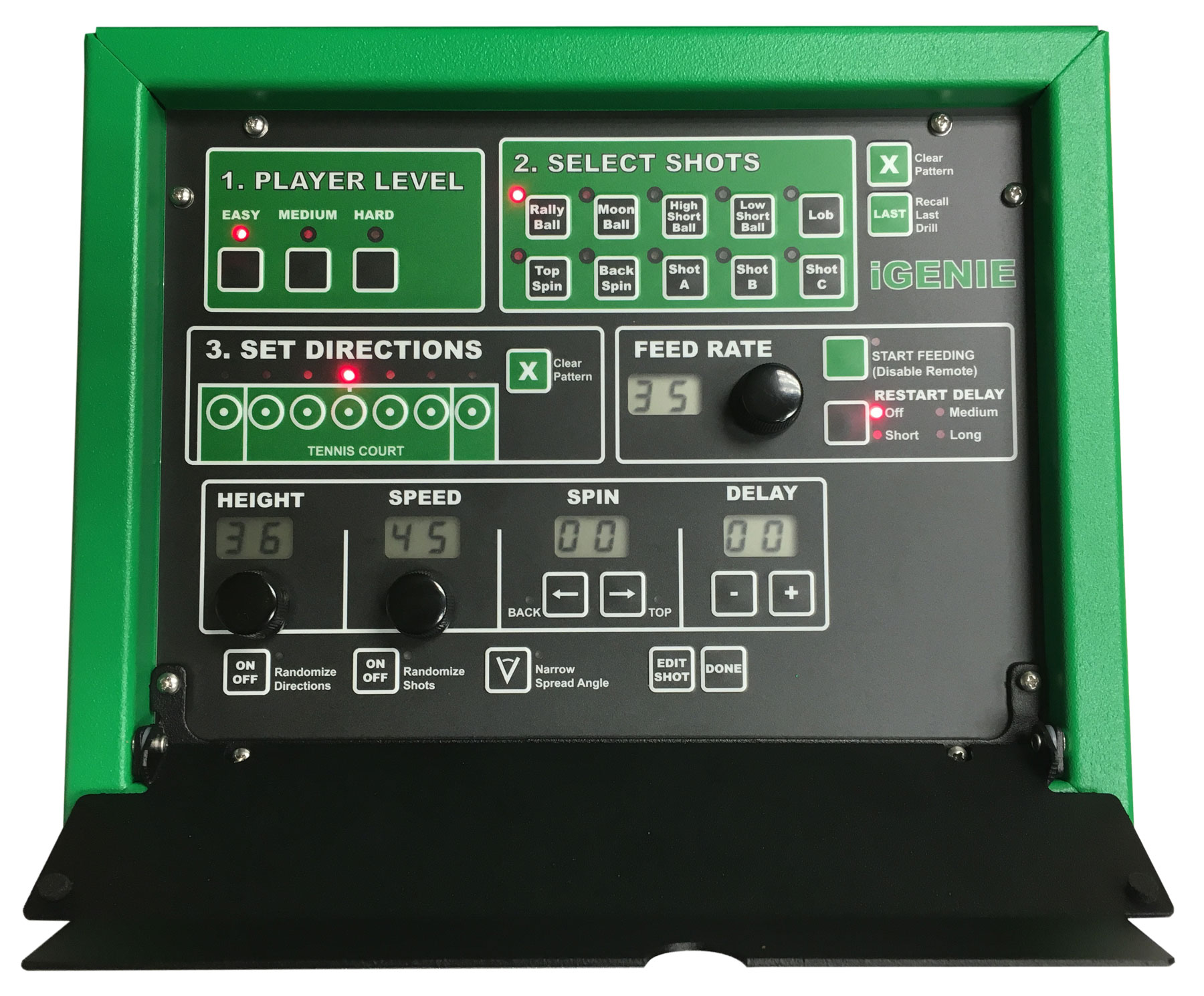Control panel of an iGenie tennis ball machine, featuring buttons for player level, shot selection, height, speed, spin, and feed rate adjustments.