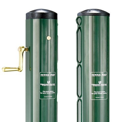 Green tennis posts with gold tightening mechanisms, labeled "TENNIS POST," designed for securing tennis net systems. Ideal for court installations.
