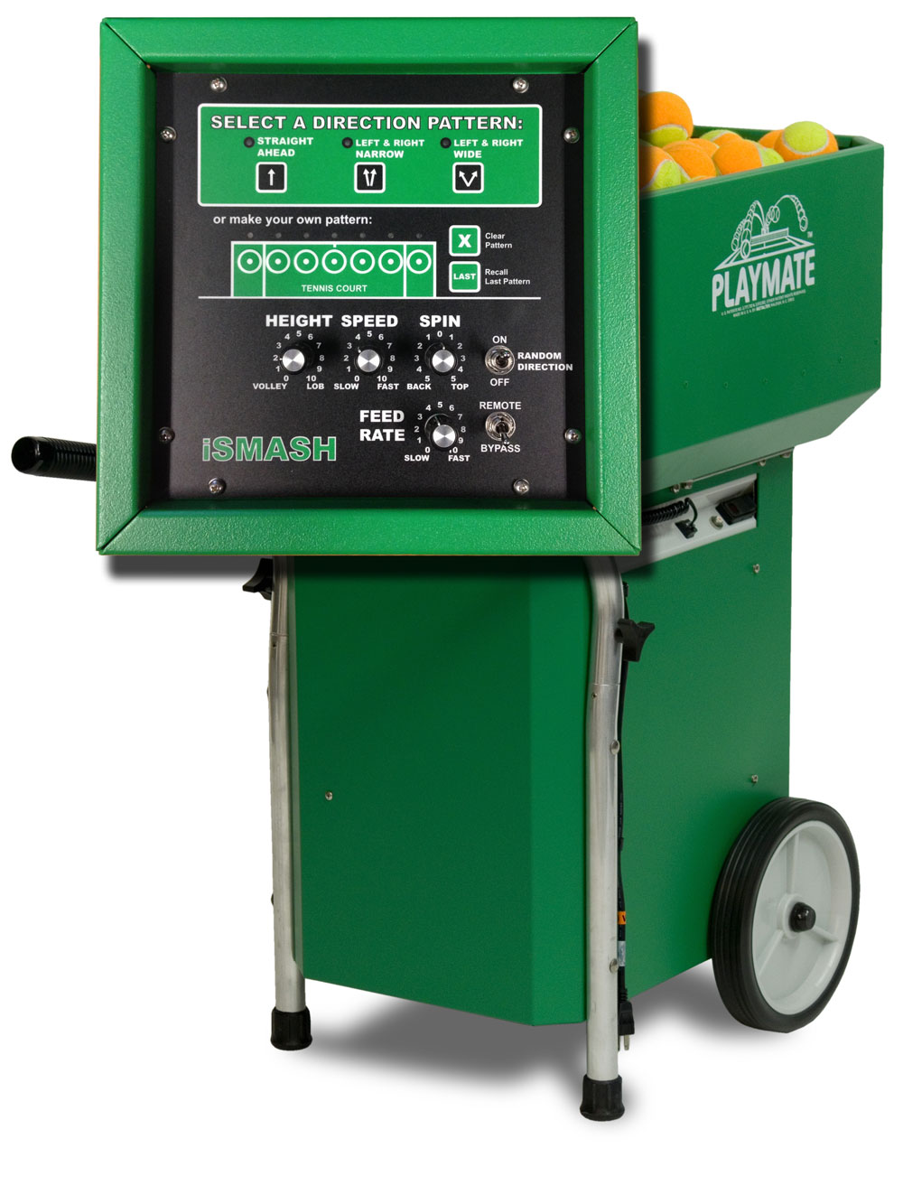 Tennis ball machine featuring adjustable settings for direction, height, speed, spin, and feed rate, with a compartment for tennis balls.