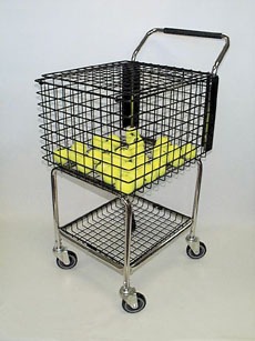 9605-Hoag-Teaching-Cart A wire shopping cart with a yellow sponge-like material inside the top basket, resting on a metallic base with wheels for easy movement.
