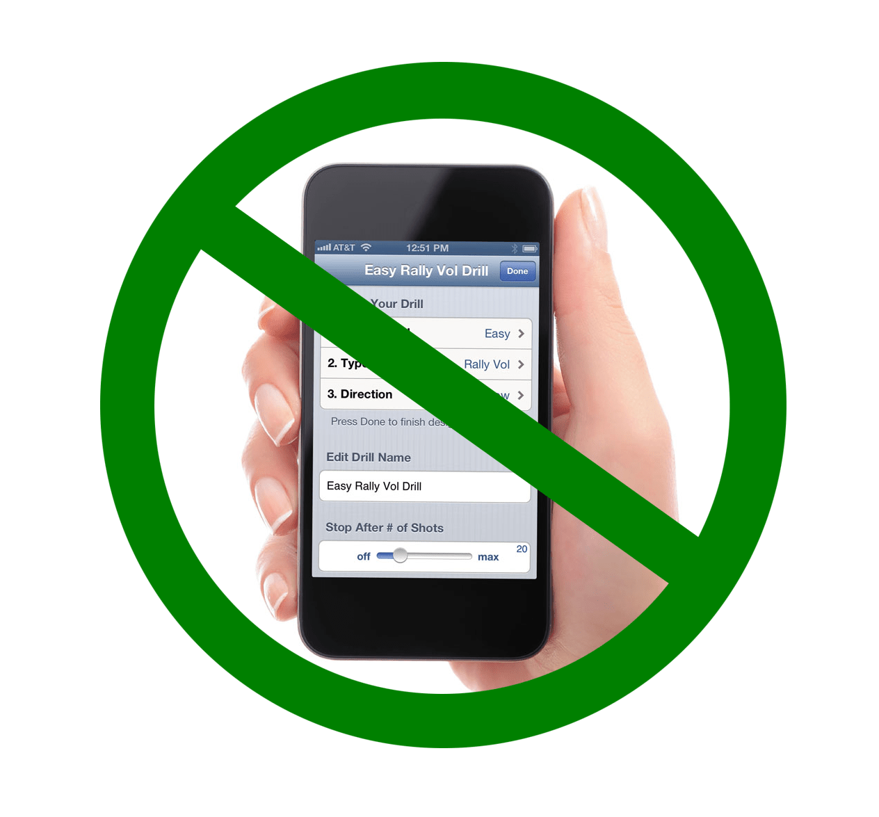 A hand holds a smartphone displaying a sports drill app with a "no" symbol overlay, indicating not to use mobile devices during practice.