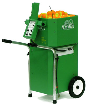 Green Playmate ball launcher equipped with a control panel and filled with bright orange balls. Ideal for tennis practice and drills.