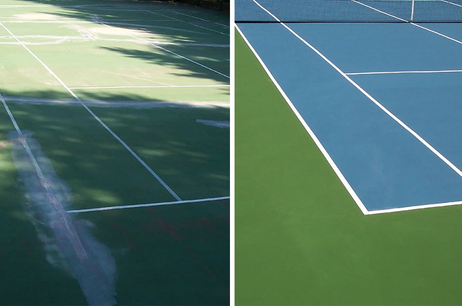 Before-and-after comparison of a tennis court renovation. Left shows an older, worn surface; right displays a newly painted blue court, highlighting the refresh.