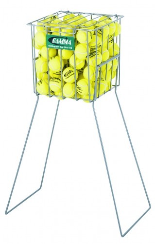 Metal tennis ball hopper filled with bright yellow tennis balls, designed for easy access and storage during practice sessions.