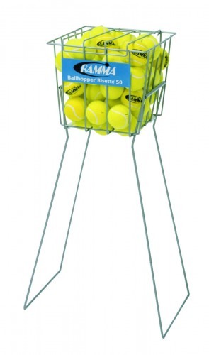 Wire basket filled with bright yellow tennis balls, designed for easy ball retrieval. Ideal for coaches and players to streamline practice sessions.