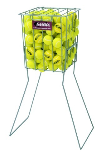 BHW1_03-324×500 A metal tennis ball hopper filled with bright yellow tennis balls, designed for easy access during practice sessions.