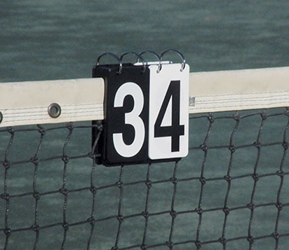 Scoreboard showing the number "34" on a tennis net, indicating the current score in a match. Relevant for sports context and updates.