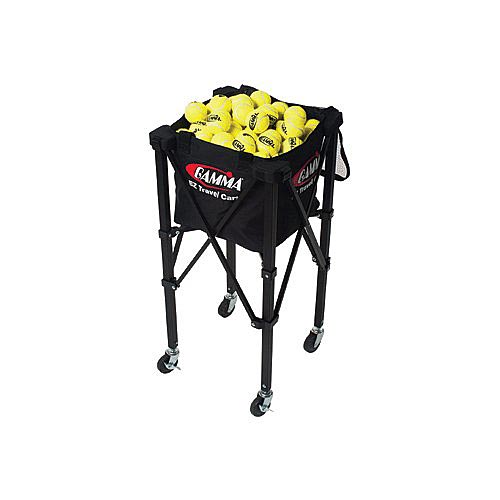 A portable, collapsible towel cart filled with bright yellow tennis balls, designed for easy transport and organization on courts.