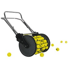 A tennis ball collector, featuring a rolling design with yellow balls visible. Ideal for efficiently gathering tennis balls during practice or play.
