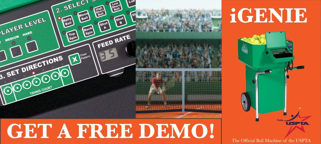 Promotional graphic for the iGENIE tennis ball machine, featuring a control panel, an image of a player, and a call for free demos.