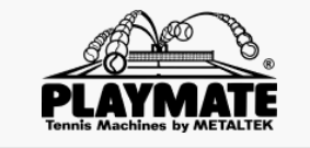 Playmate logo featuring a tennis court with balls in motion, representing tennis machines by Metaltek. Highlights the brand’s focus on tennis training.