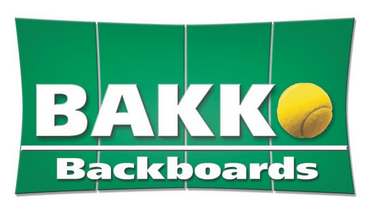 BAKKO Backboards logo features bold white text on a green background with a yellow tennis ball, highlighting the brand's focus on tennis training equipment.