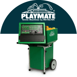 Green Playmate tennis ball machine with control panel and orange balls, designed to enhance training for players.