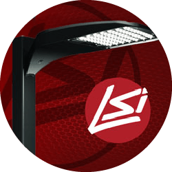 LED sports lighting fixture against a red background with the LSI logo. Highlights innovative sports lighting solutions for enhanced visibility.