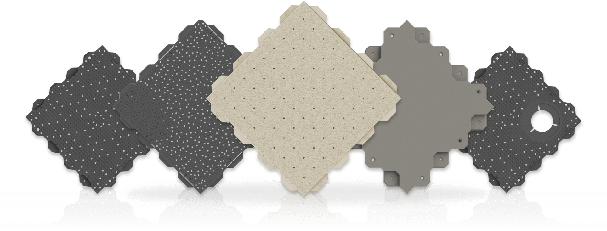 Versatile interlocking floor tiles in various colors and textures displayed together, showcasing options for customizable flooring solutions.