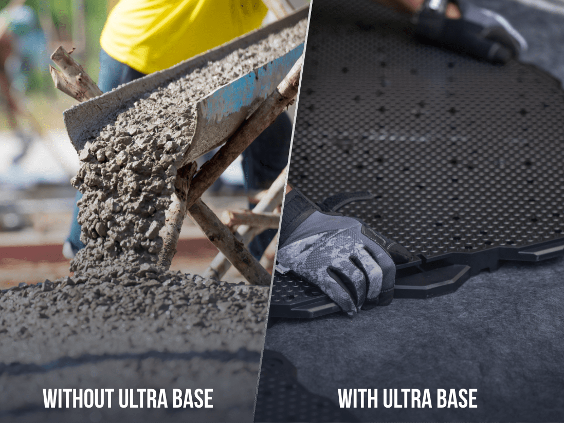 Side-by-side comparison showing concrete being poured without and with Ultra Base, highlighting the difference in installation techniques.