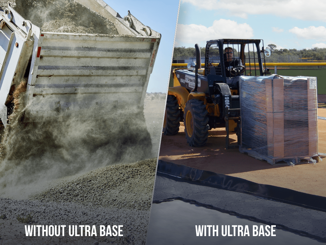 Comparison of two construction scenarios: one showing a dump truck unloading material with dust, and the other showing a forklift moving a pallet on a stable surface with ultra base.