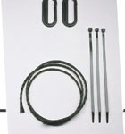 Black elastic cord, two oval clips, and three metal stakes displayed on a white background, suitable for securing tents or equipment.