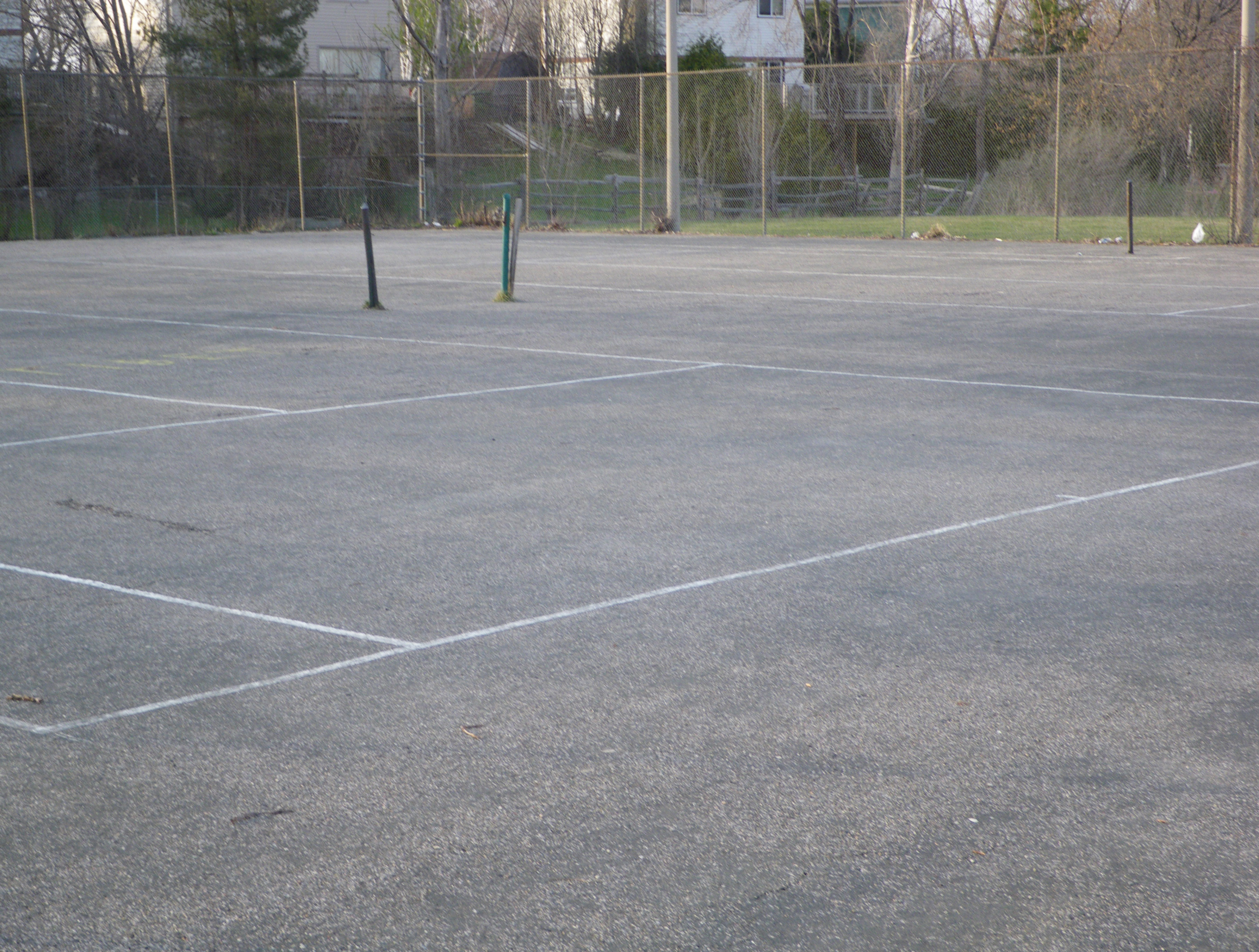 Abandoned tennis court with faded lines, featuring two upright posts. Background shows bare trees and a residential area, indicating neglect.