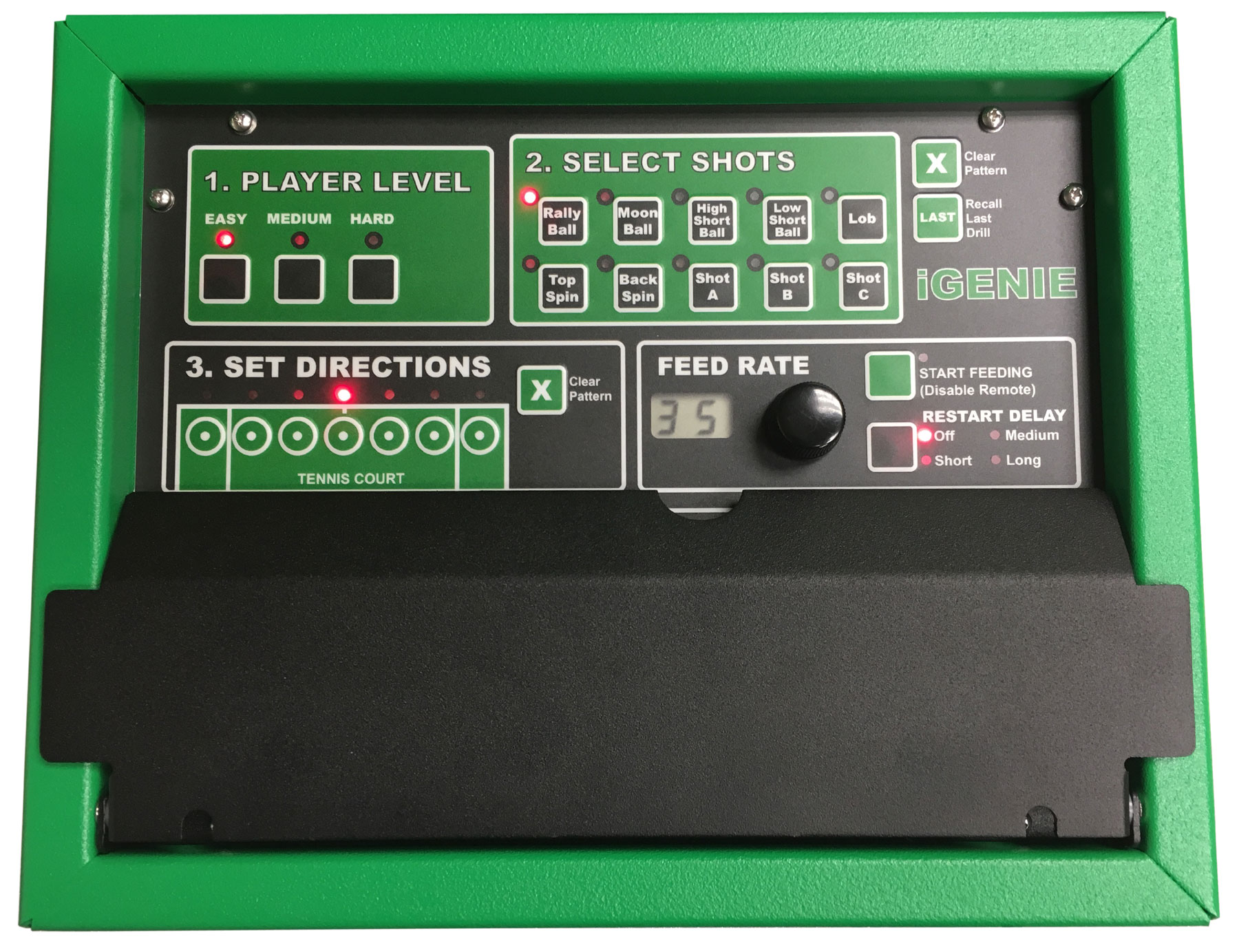 Tennis training device control panel with options for player level, shot selection, and direction settings, designed for enhancing practice drills.