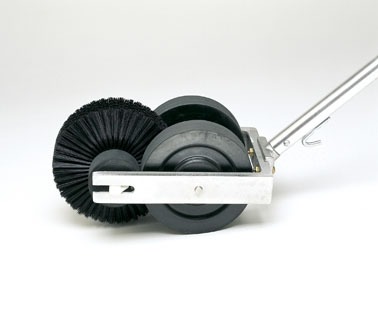 A cleaning tool featuring a dual brush design with a metal handle, designed for efficient surface cleaning in various applications.