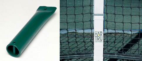 Green tennis net tensioner for adjusting net height, shown alongside a net attached to a post. Essential tool for maintaining tennis court equipment.