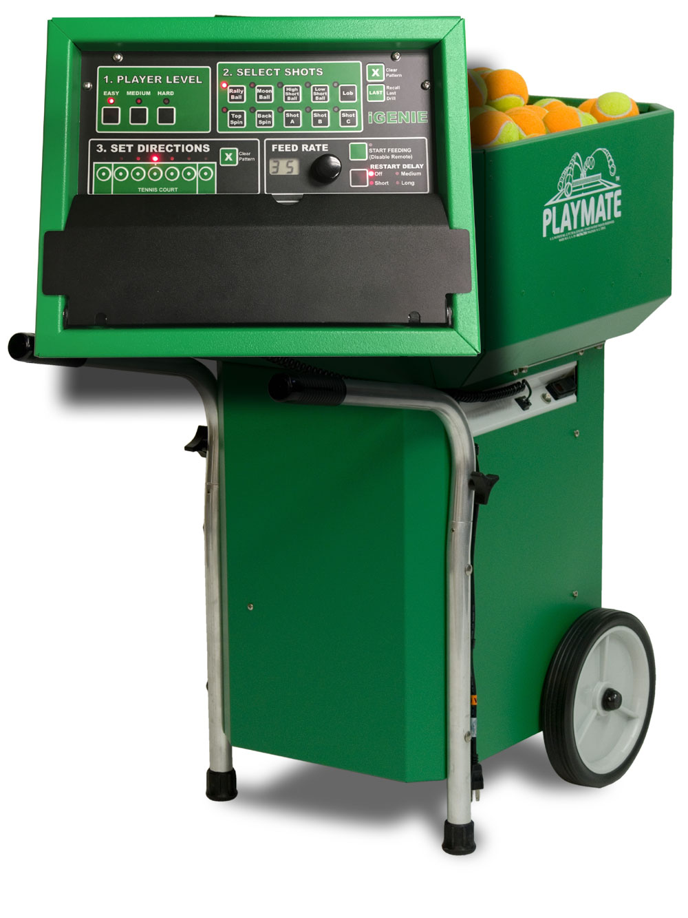 Tennis ball machine with a control panel for shot selection and player levels. Designed for practicing various tennis strokes, enhancing training efficiency.