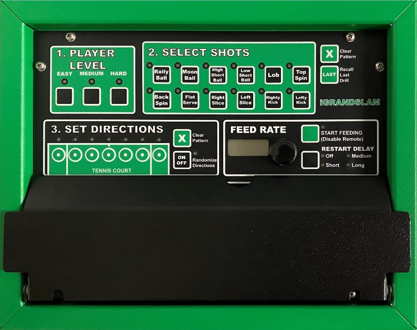 Tennis practice machine control panel showing settings for player level, shot selection, direction, feed rate, and restart delay options.