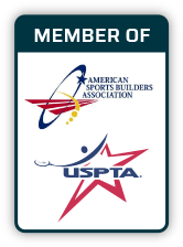 Membership badge featuring logos of the American Sports Builders Association and the USPTA, highlighting affiliation and credibility in sports development.