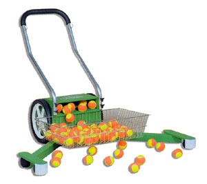 m_mower Tennis ball collector with a wheeled design, featuring a basket filled with yellow and orange tennis balls, ideal for efficient court cleanup.