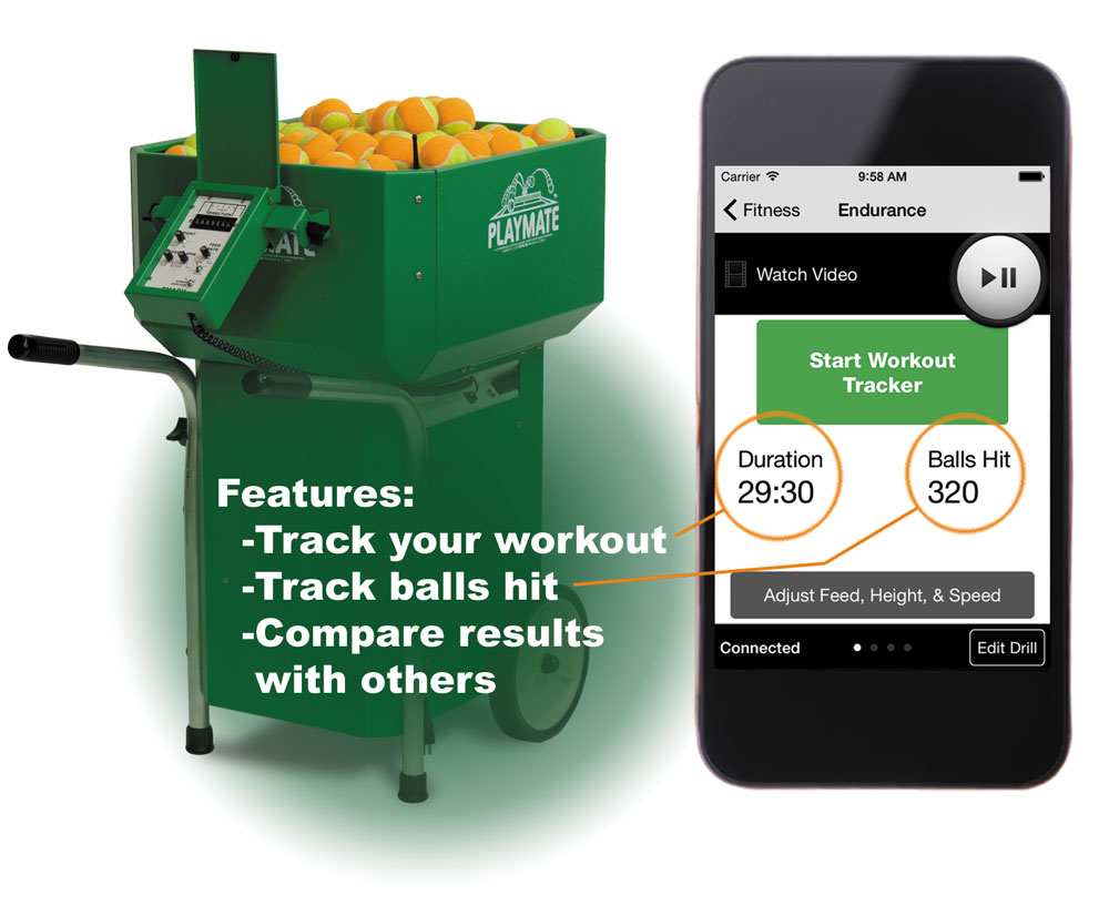 Green tennis ball machine displaying features for tracking workouts, paired with a mobile app showing session duration and balls hit.